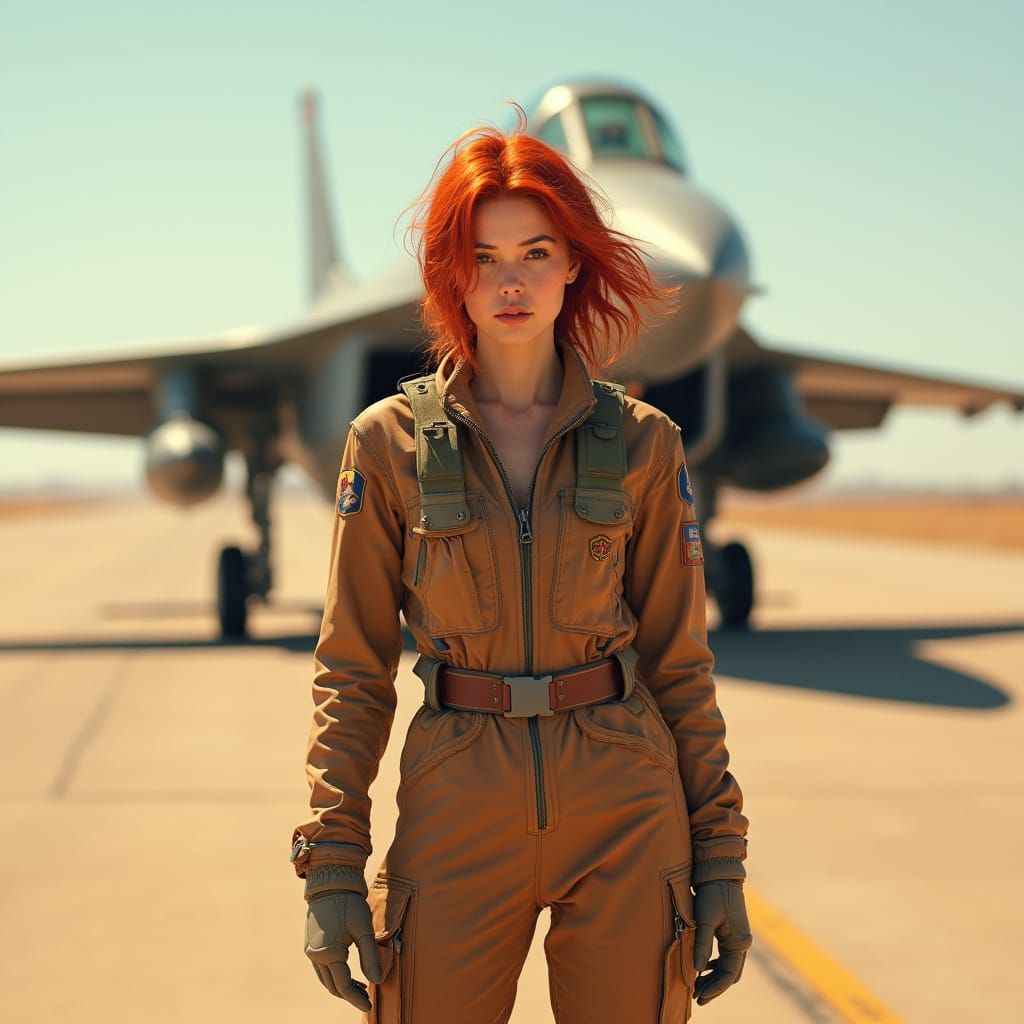 Redhead Pilot on Desert Runway in Photorealistic Style