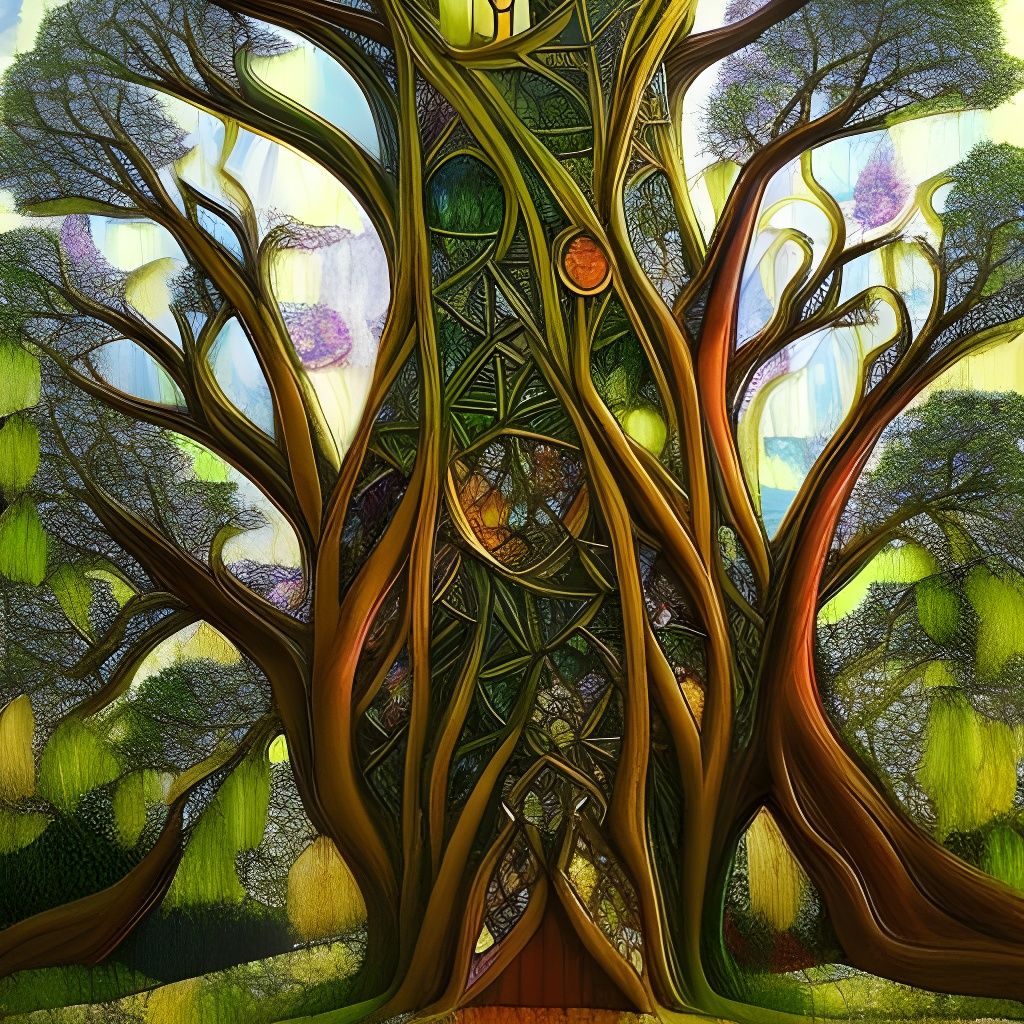 Stained Glass Elf House in Redwood Tree