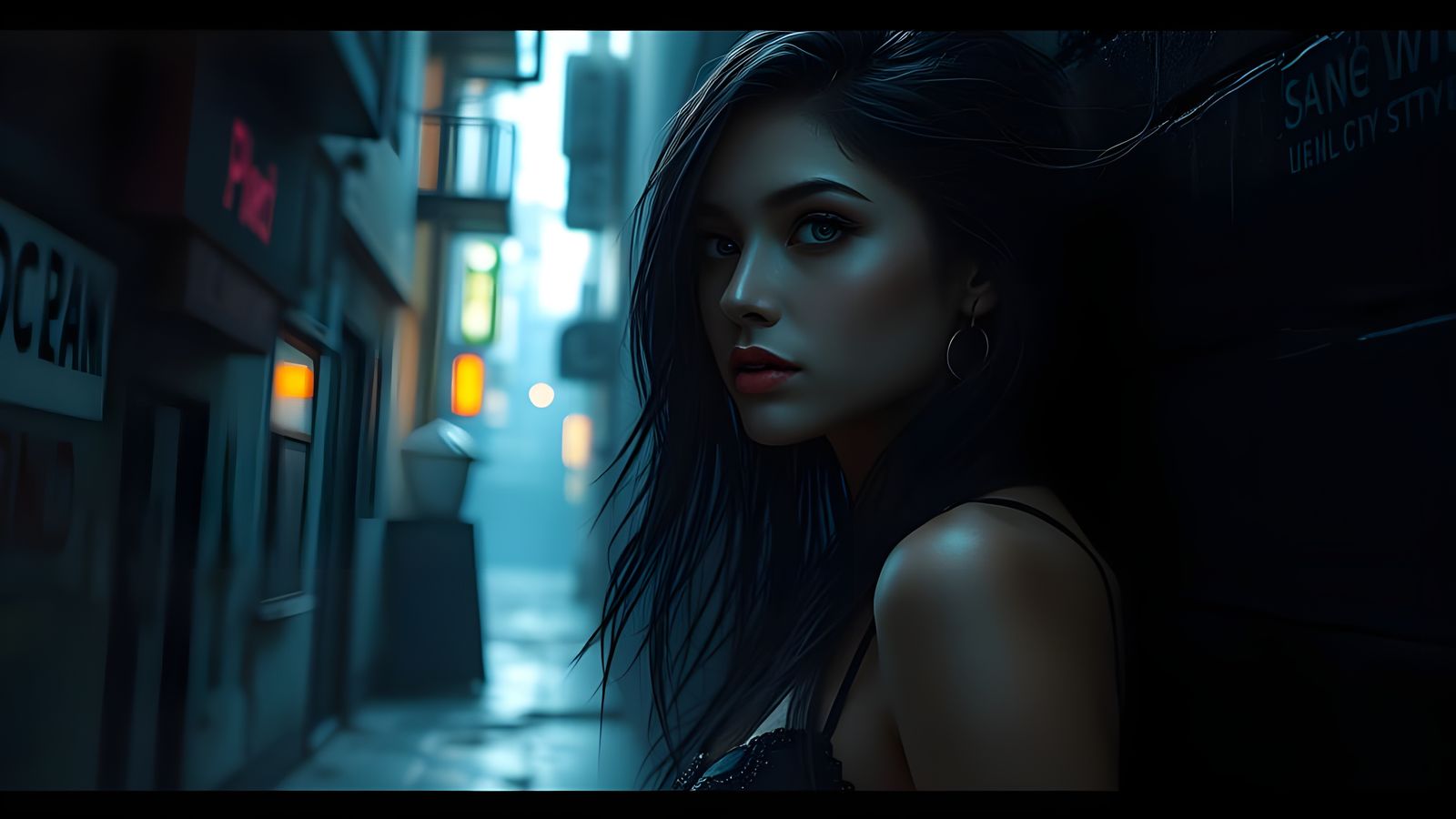Enigmatic Cyberpunk Siren in Alleyway Shadows