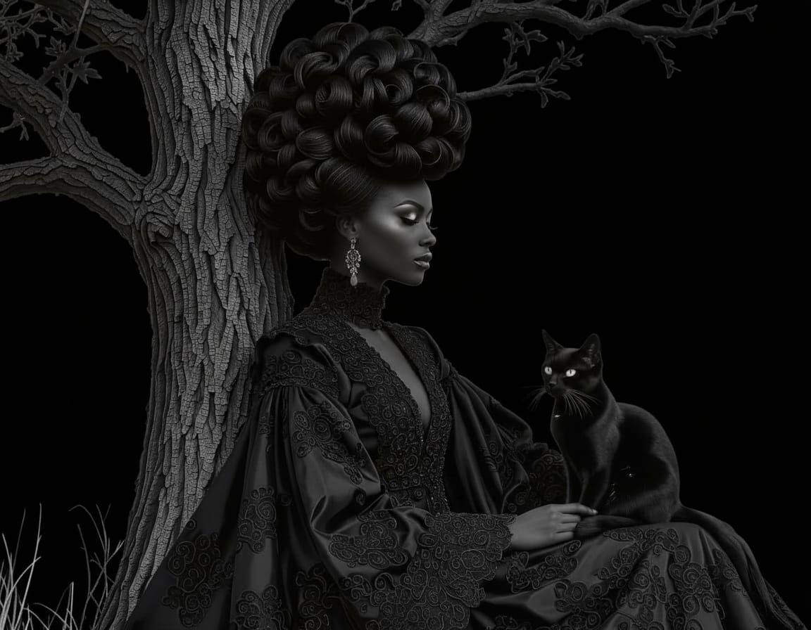 Gothic Woman & Cat in Quilled Black Landscape