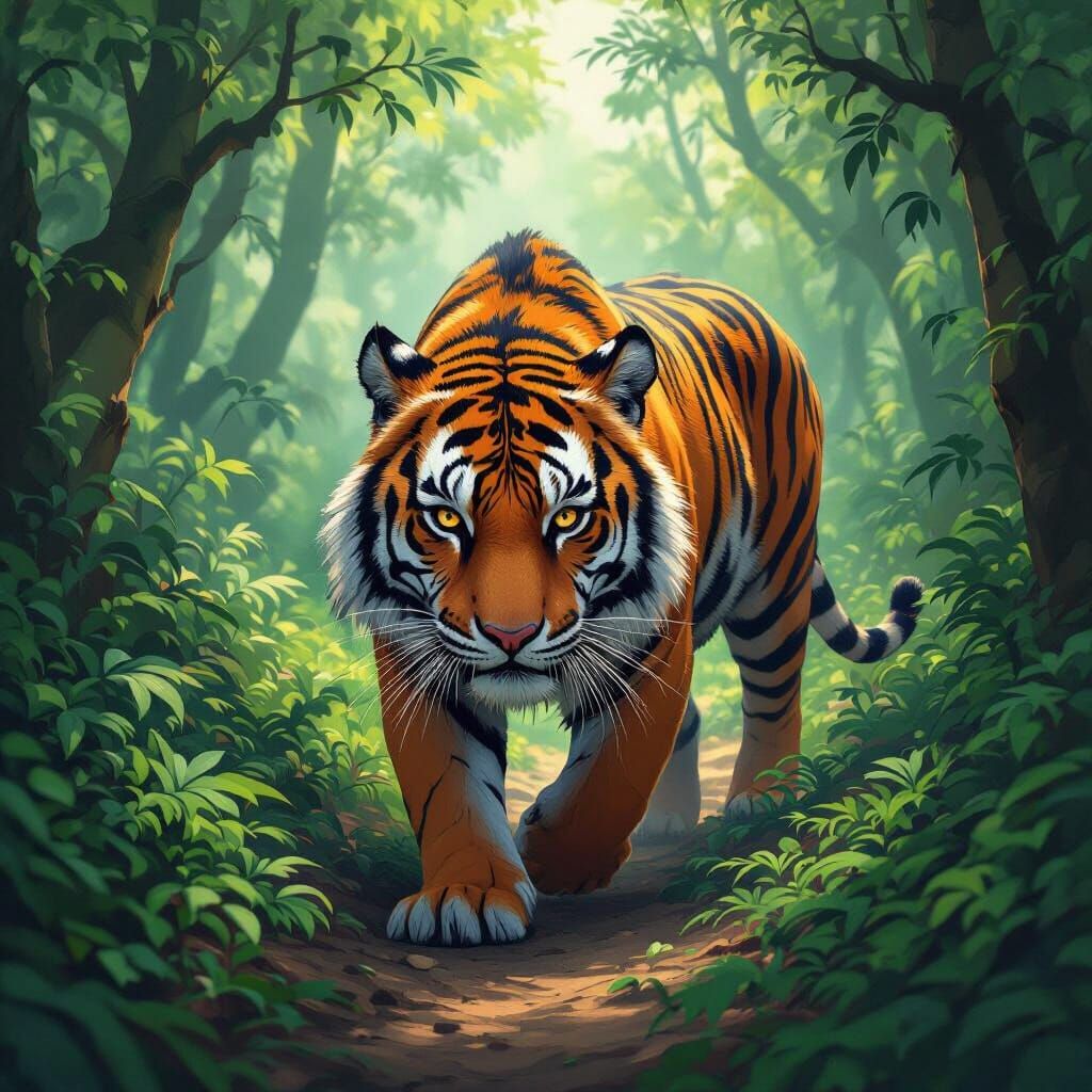 Majestic Tiger in Forest, Digital Painting Style