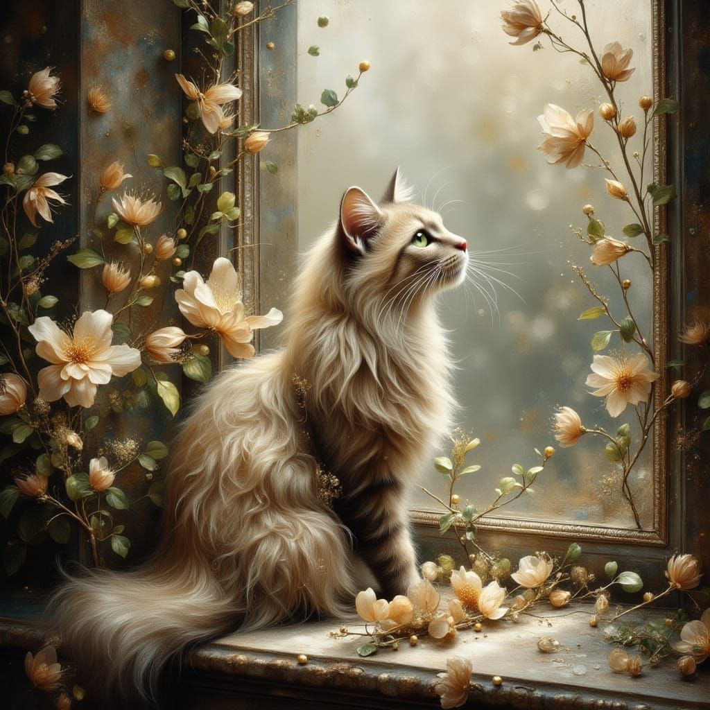 Whimsical Cat Watching Garden Animals