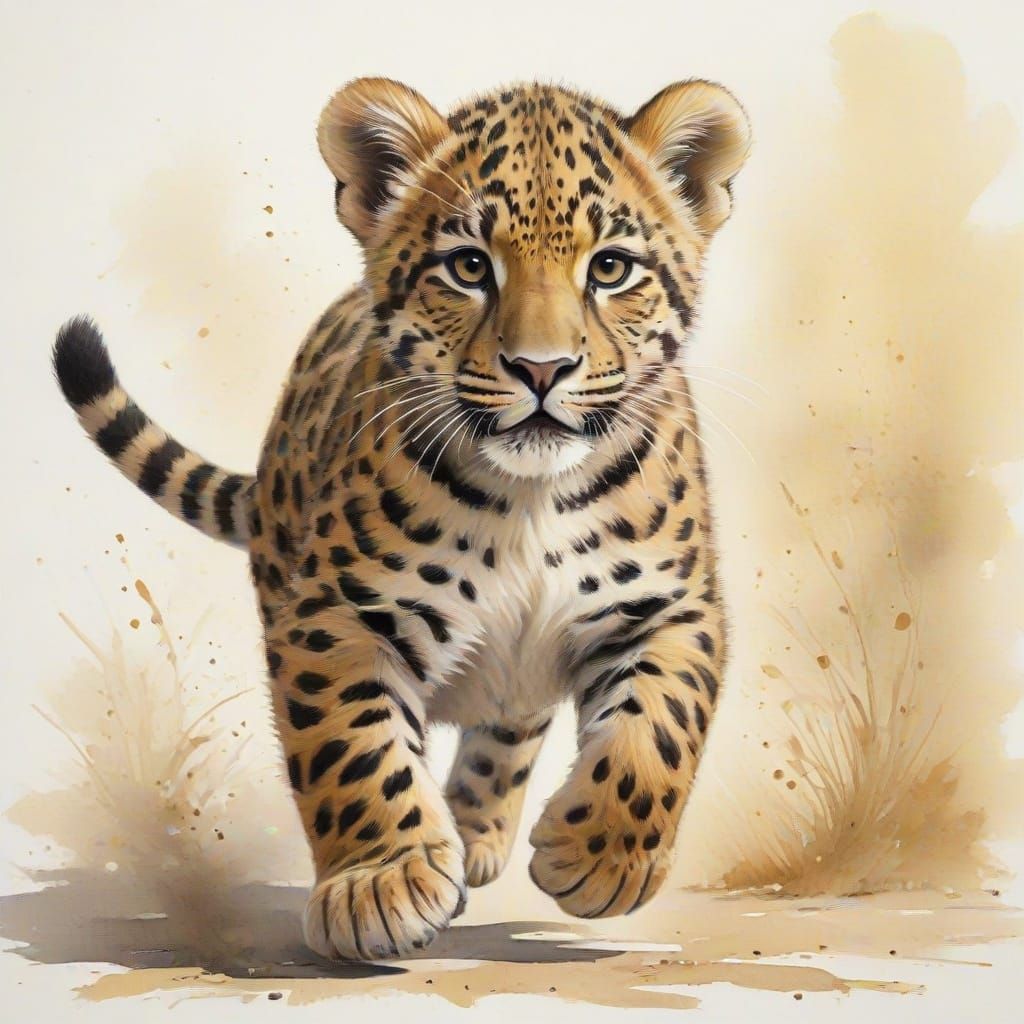 Cute Leopard Running in Imaginary Meadow Watercolor Painting