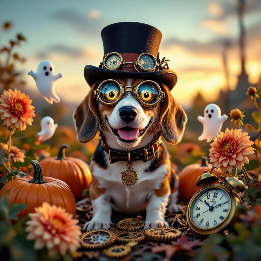Steampunk Beagle with Pumpkins and Gears in Surreal Style