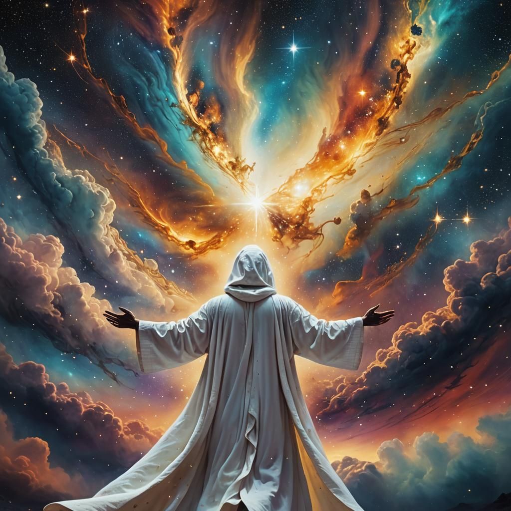 Surreal Figure Before Starry Universe in Dreamlike Landscape