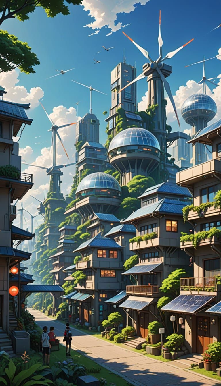 Surreal Futuristic Anime Village in Vibrant Colors