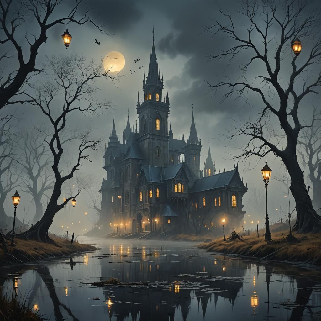 Dark Fantasy City in Marshland Concept Art