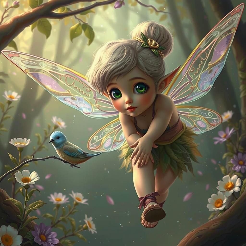 Ethereal Fairy and Blue Bird in Acrylic Style