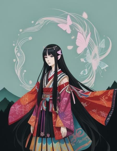 Anime Girl in Forest with Butterfly Hairpin