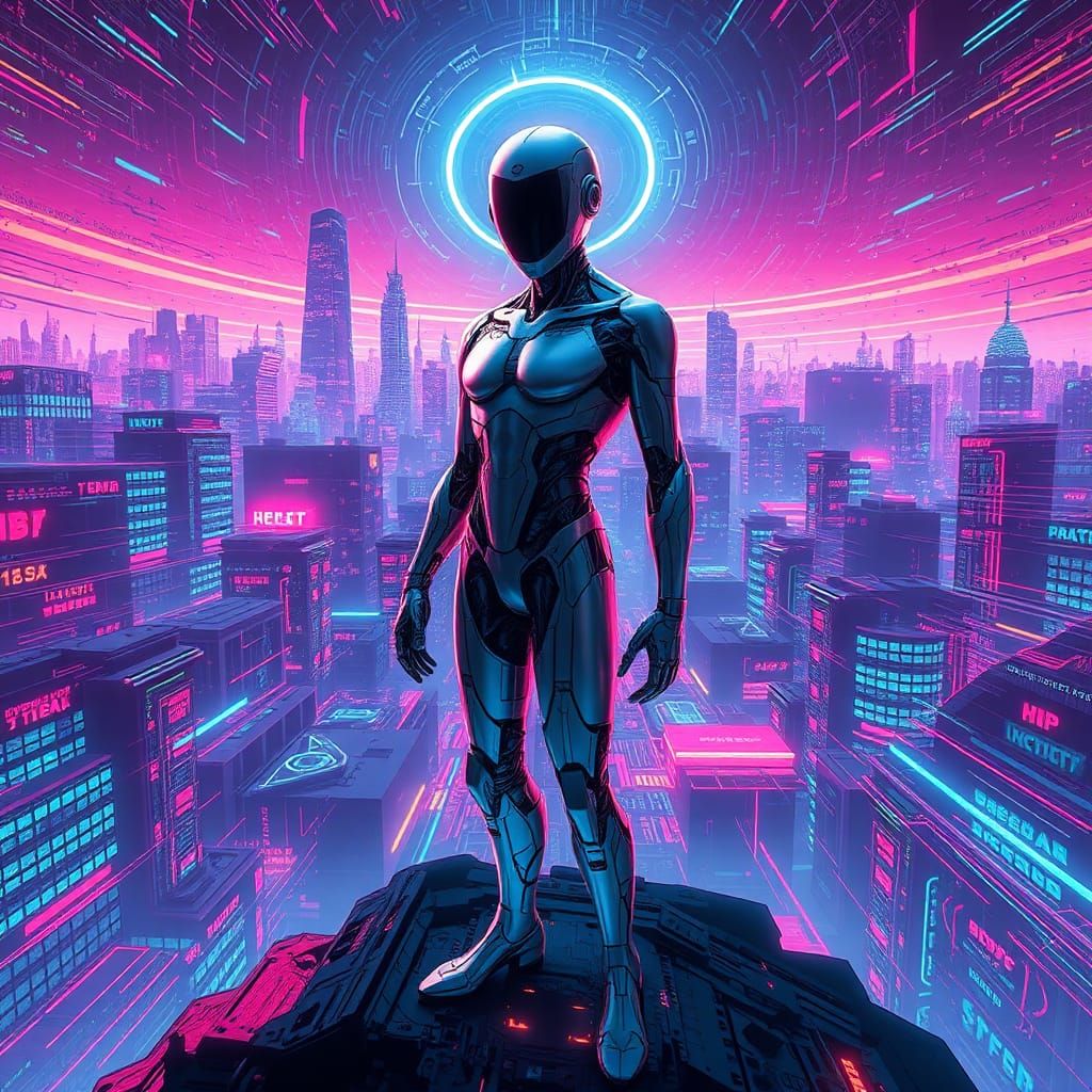 Futuristic Humanoid in Cyberpunk Digital Landscape