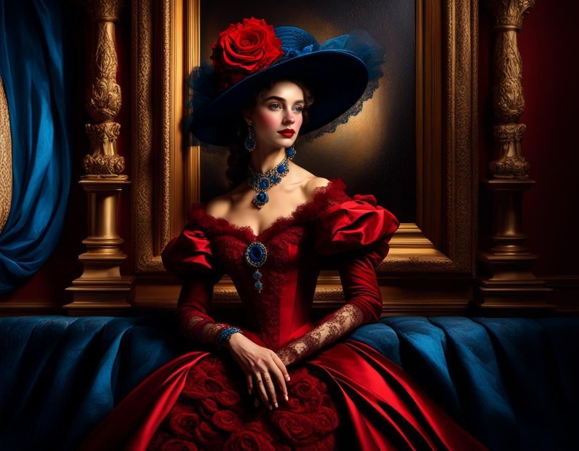 Woman in Red Gown: An Opulent Oil Painting