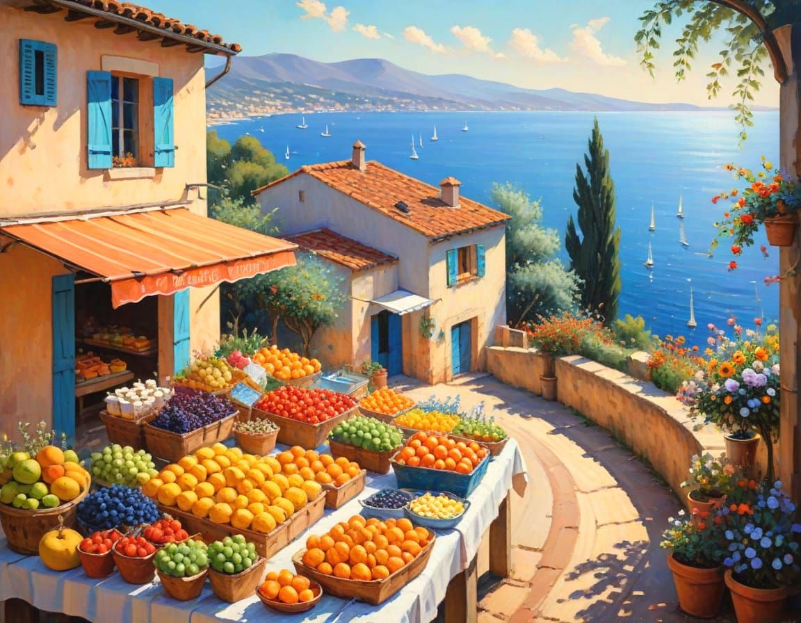 French Riviera Farmstand in Impressionist Style