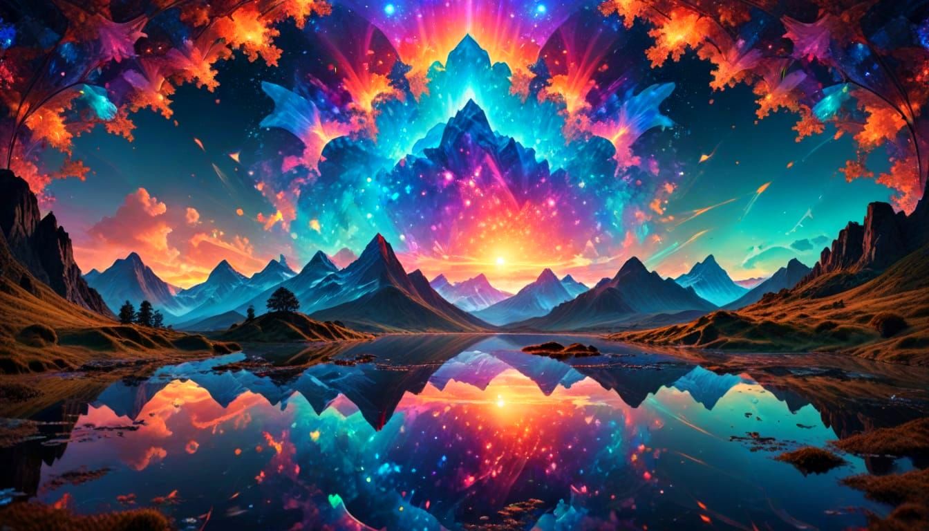 Kaleidoscopic Luminous Opalescent Landscape in Surreal Style