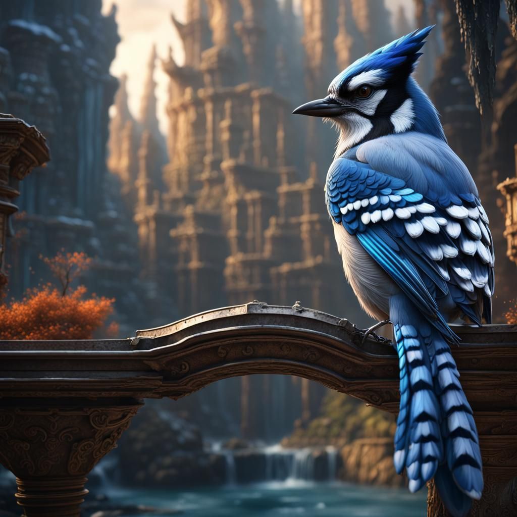 Detailed Bluejay Matte Painting in Deep Color