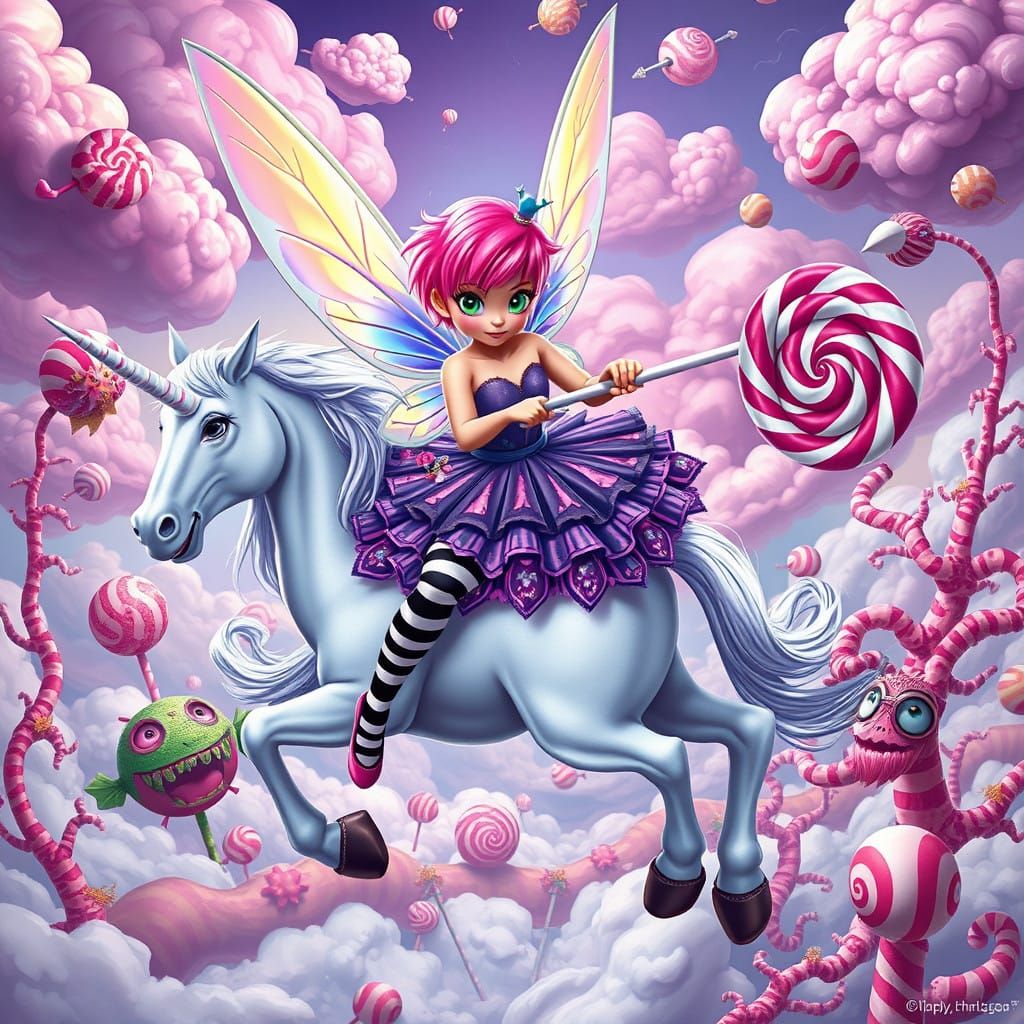 Whimsical Punk Rock Fairy Rides Unicorn through Candy Land