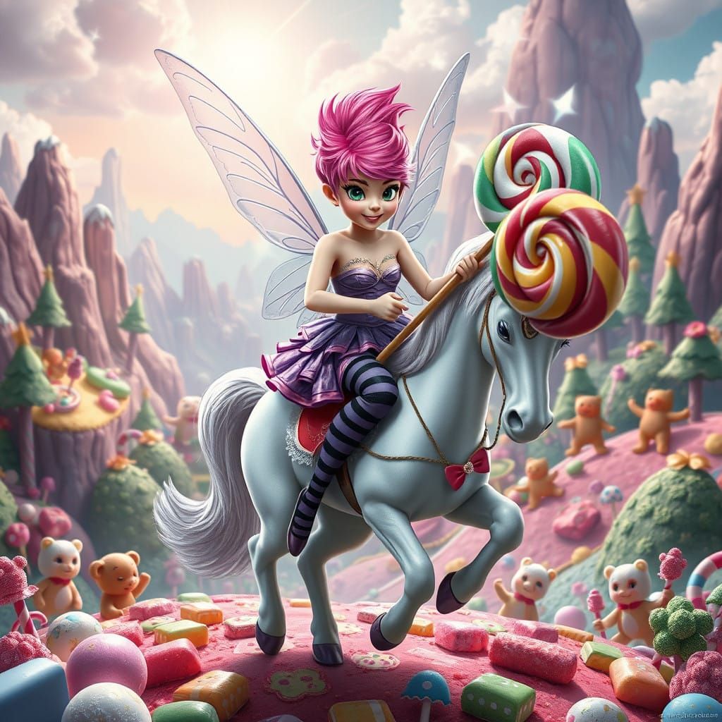 Punk Rock Fairy Rides Candy Unicorn Through Whimsical Candy...