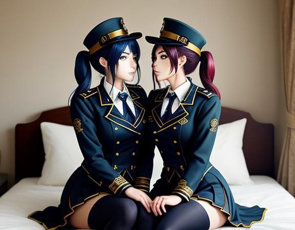 Steampunk Anime Twins Kissing in Bedroom