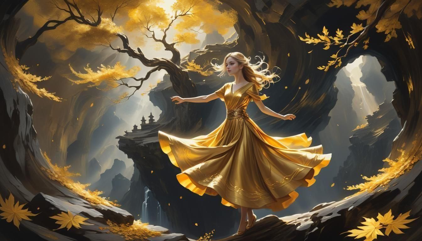 Girl in Golden Dress at Ancient Tree, Oil Painting