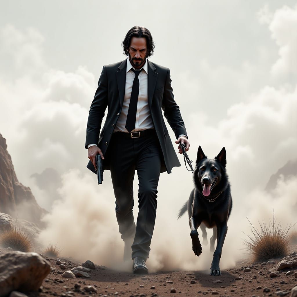 John Wick in Desert with Dog, Hyper-Realistic Charcoal Sketc...