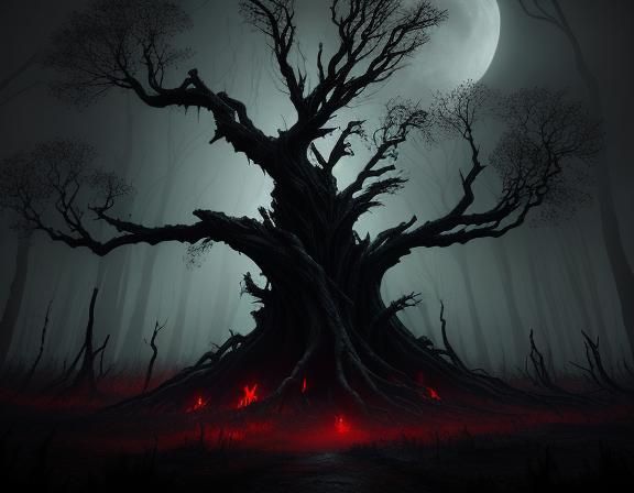 Eerie Dark Fantasy Forest Under Ominous Moon