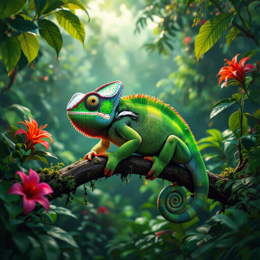 Neon Chameleon in Lush Rainforest: Surreal Photorealism