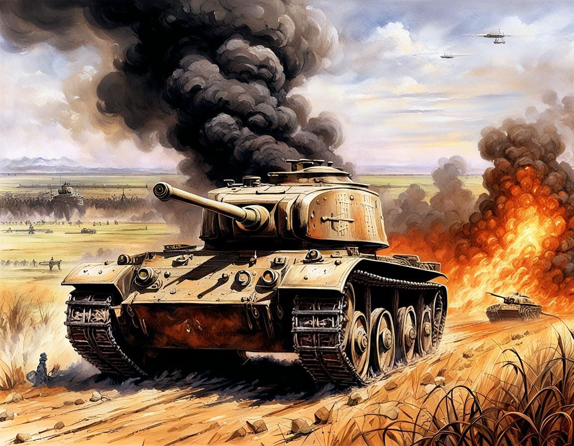 World War II Tanks in Burning Field: Comic Art