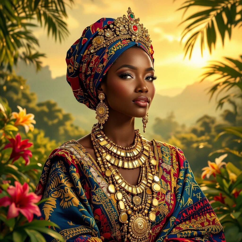 Regal African Queen in a Lush Tropical Landscape