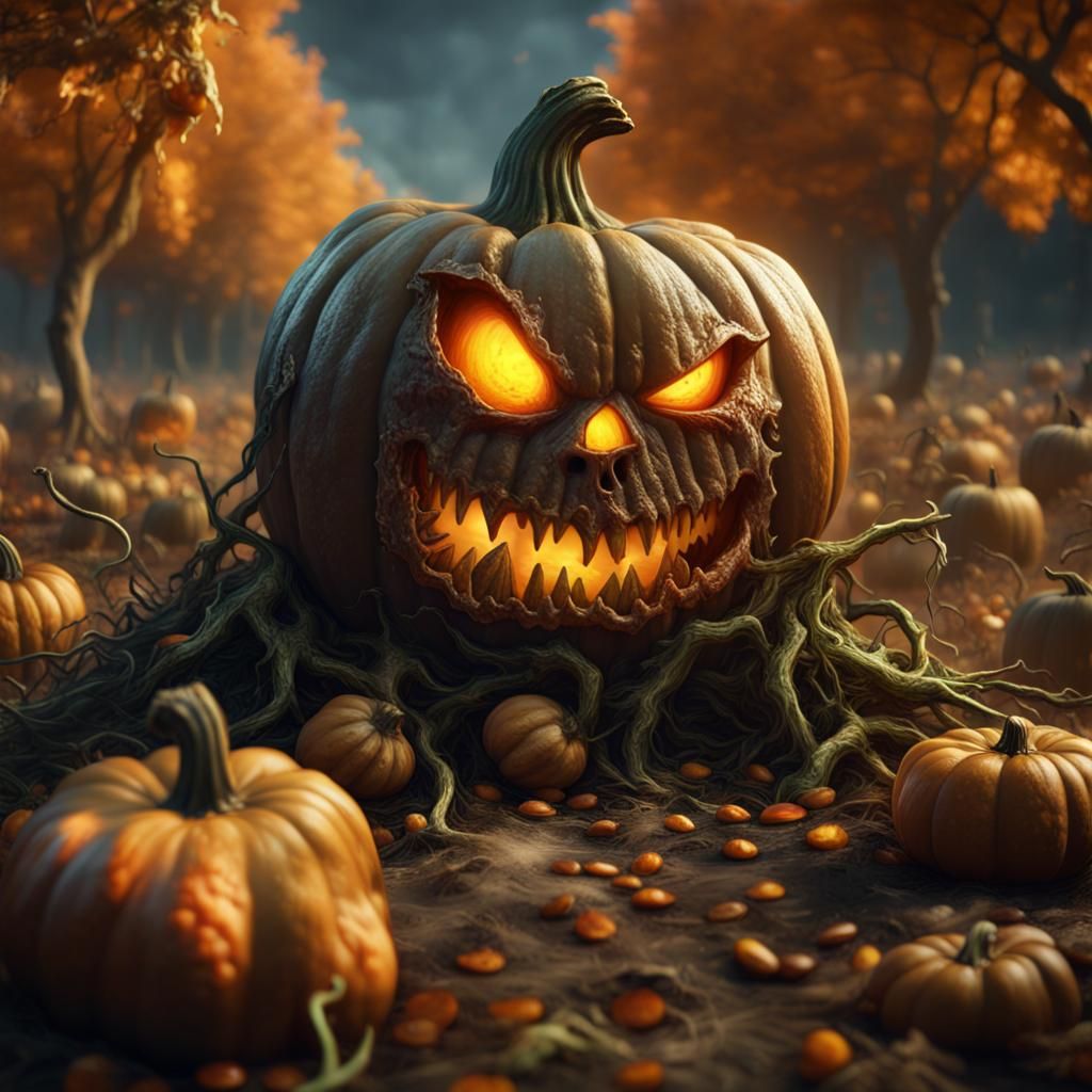 Undead Pumpkin Monster in Patch: Detailed Matte Painting