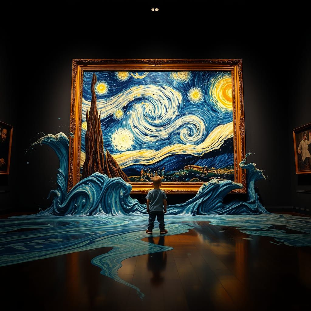 Boy in Front of Splashing Starry Night Painting in Museum