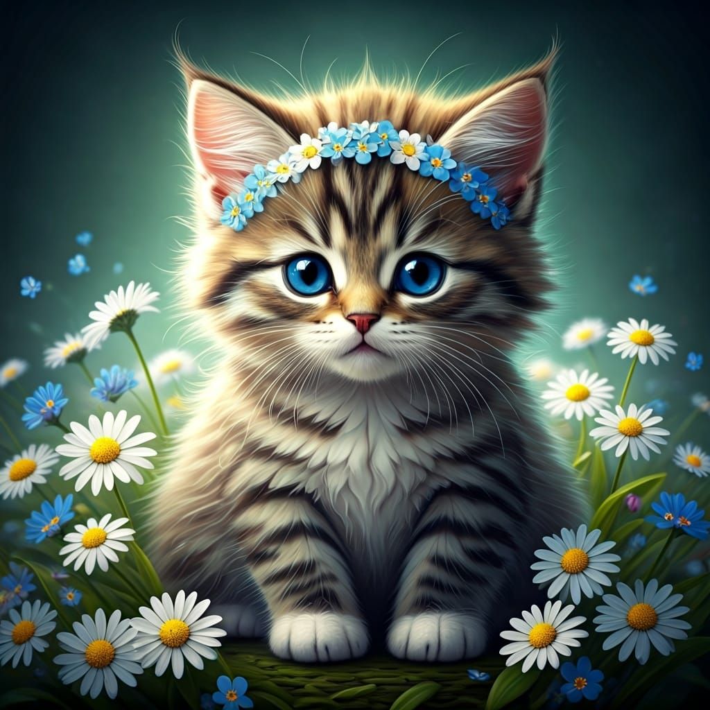 Kitten with Flower Crown in 3D Graphics Style