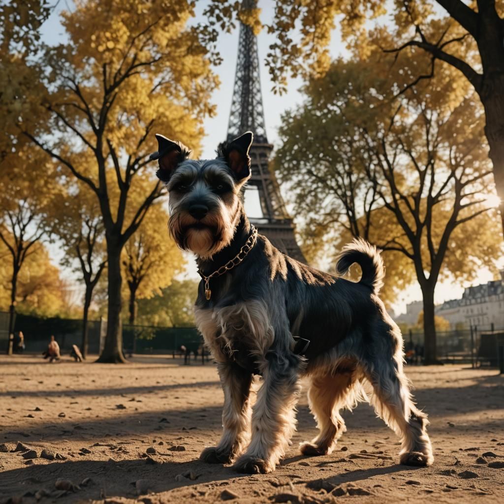 Schnauzer Plays in Paris with Eiffel Tower