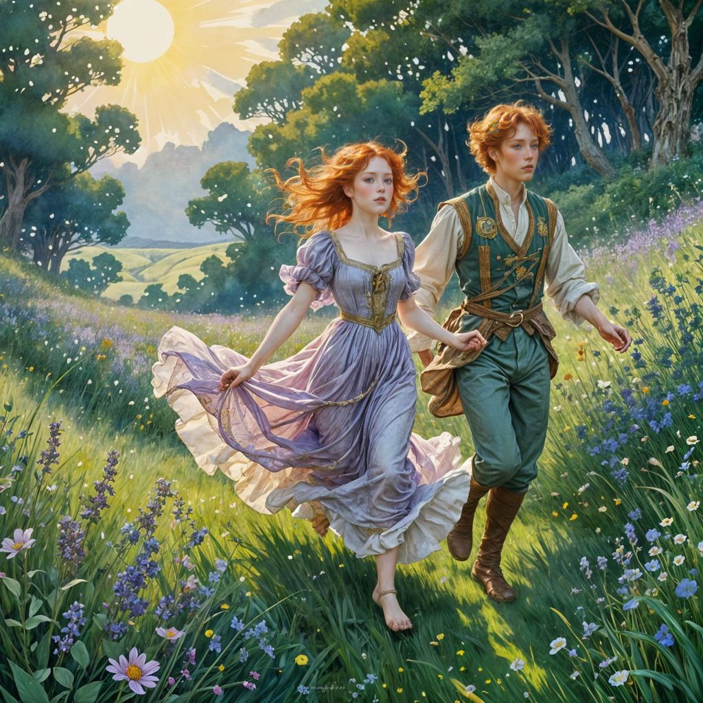 Redhead Royalty in Sunlit Meadow: A Fantasy Illustration