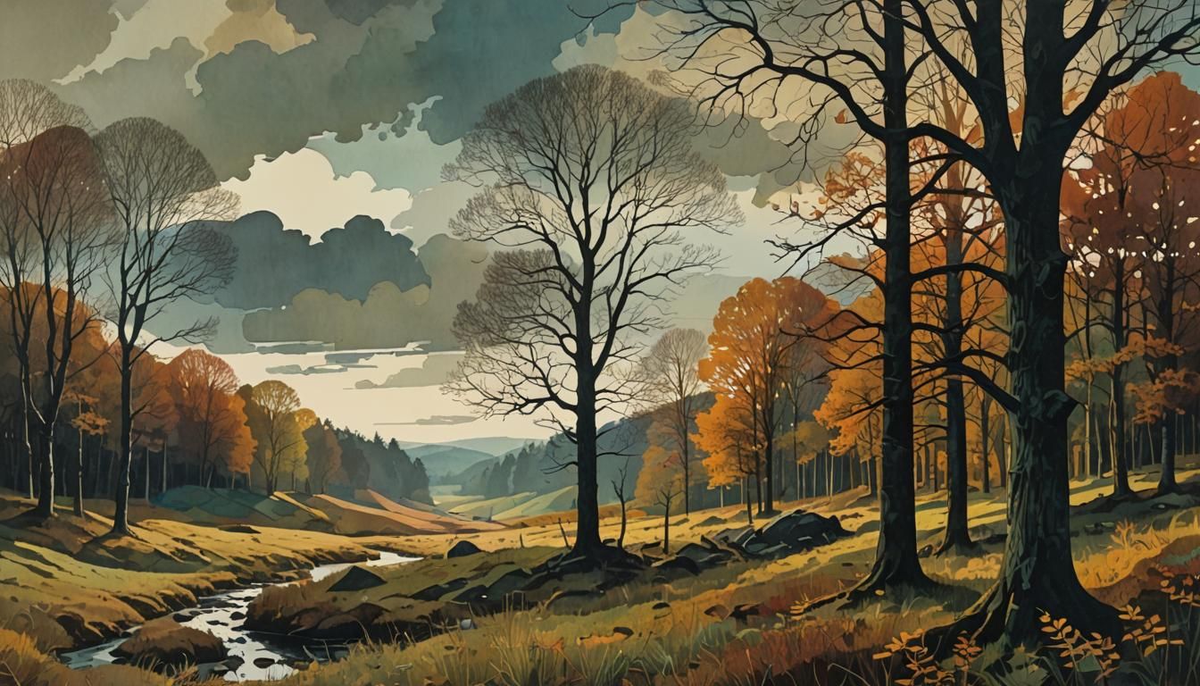 Autumn Meadow Paper Collage at Nightfall