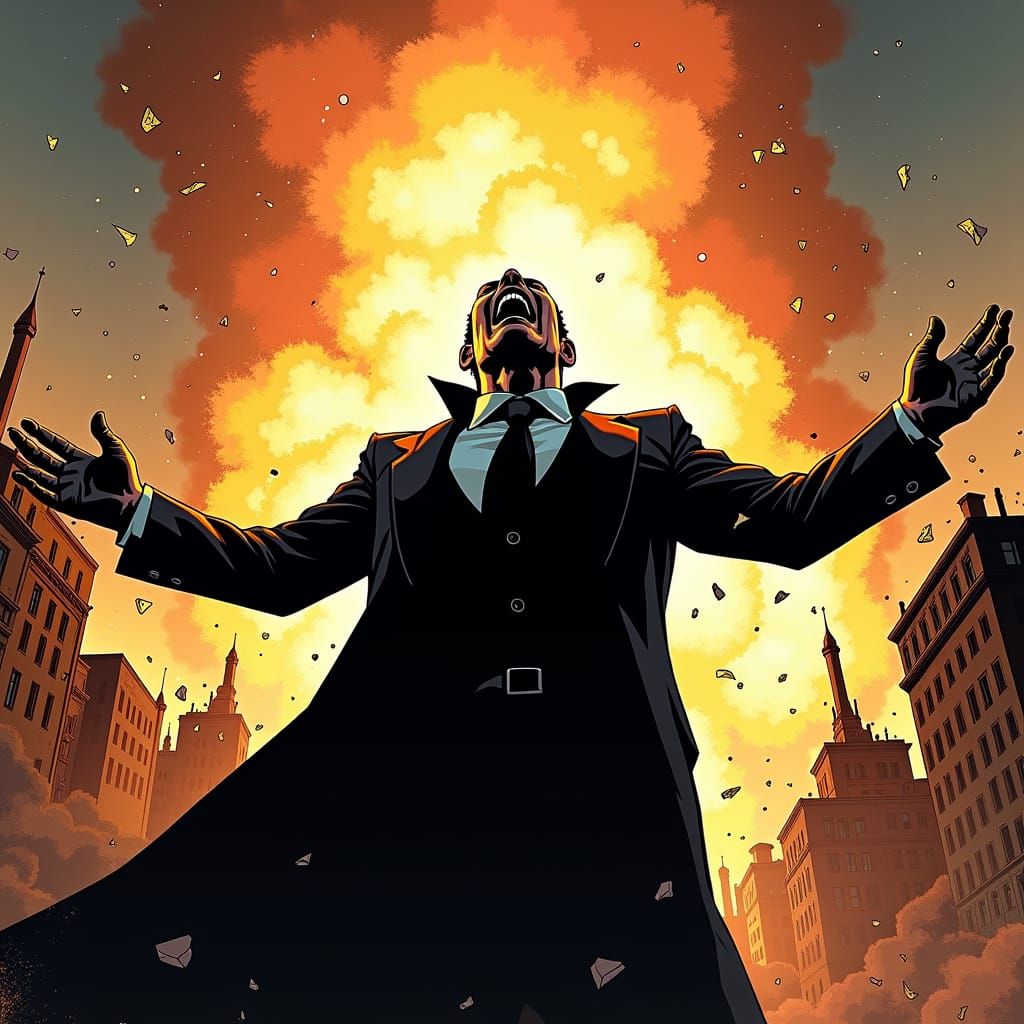 Villain Laughs Amidst Burning Cityscape in Comic Style