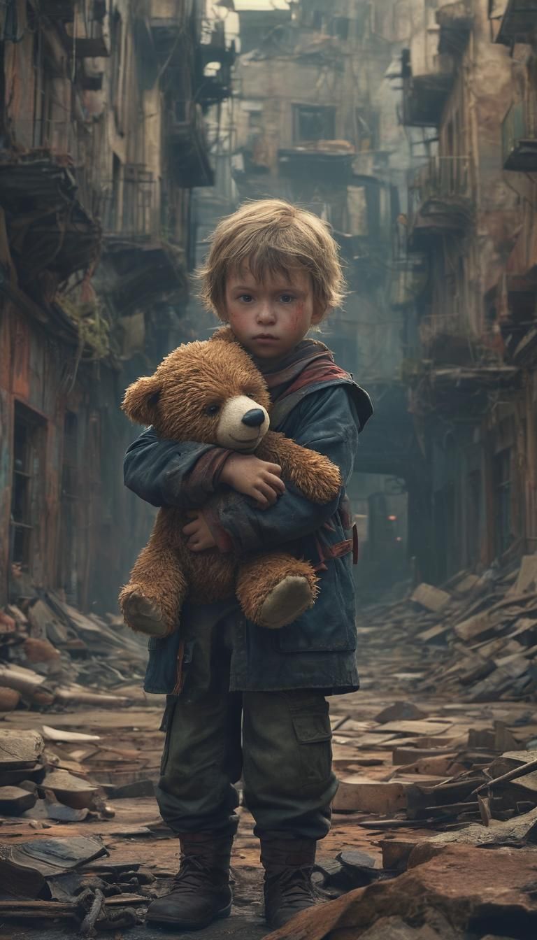 Child and Teddy Bear in Dystopian Cityscape