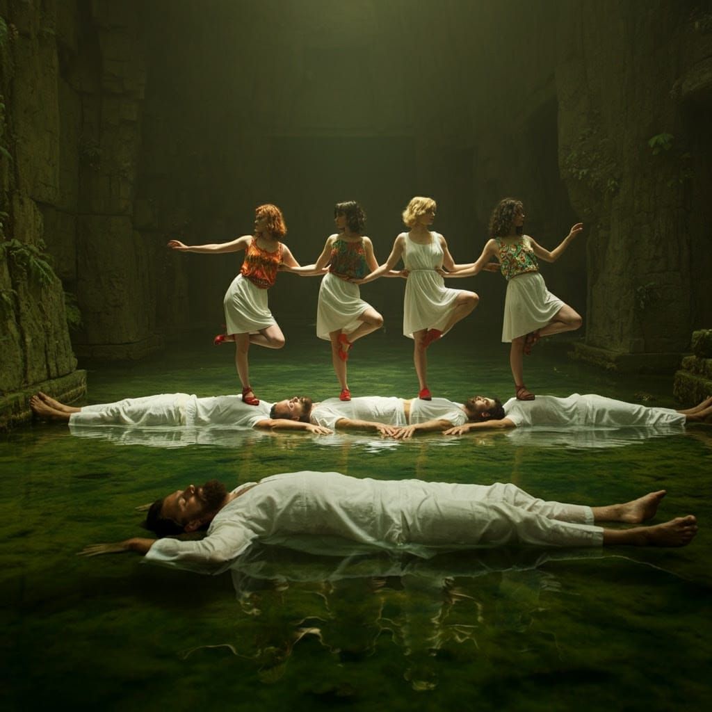 Dreamlike Scene of Men and Women in Serene Pool