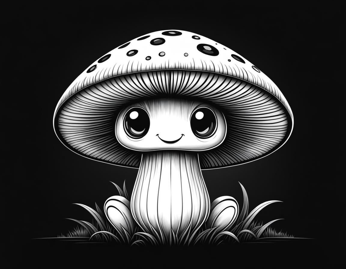 Cartoon Mushroom Character in Black and White Landscape