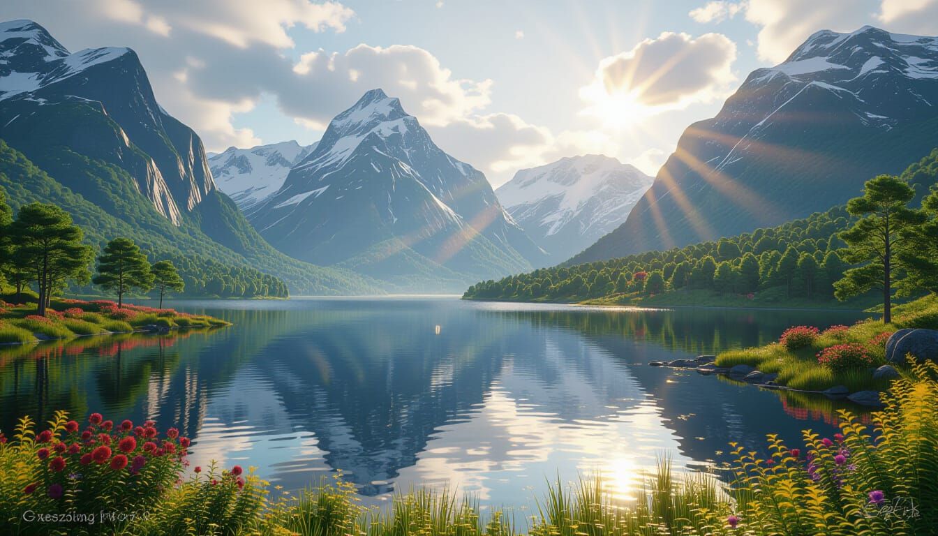 Cinematic Landscape with Lake and Mountains