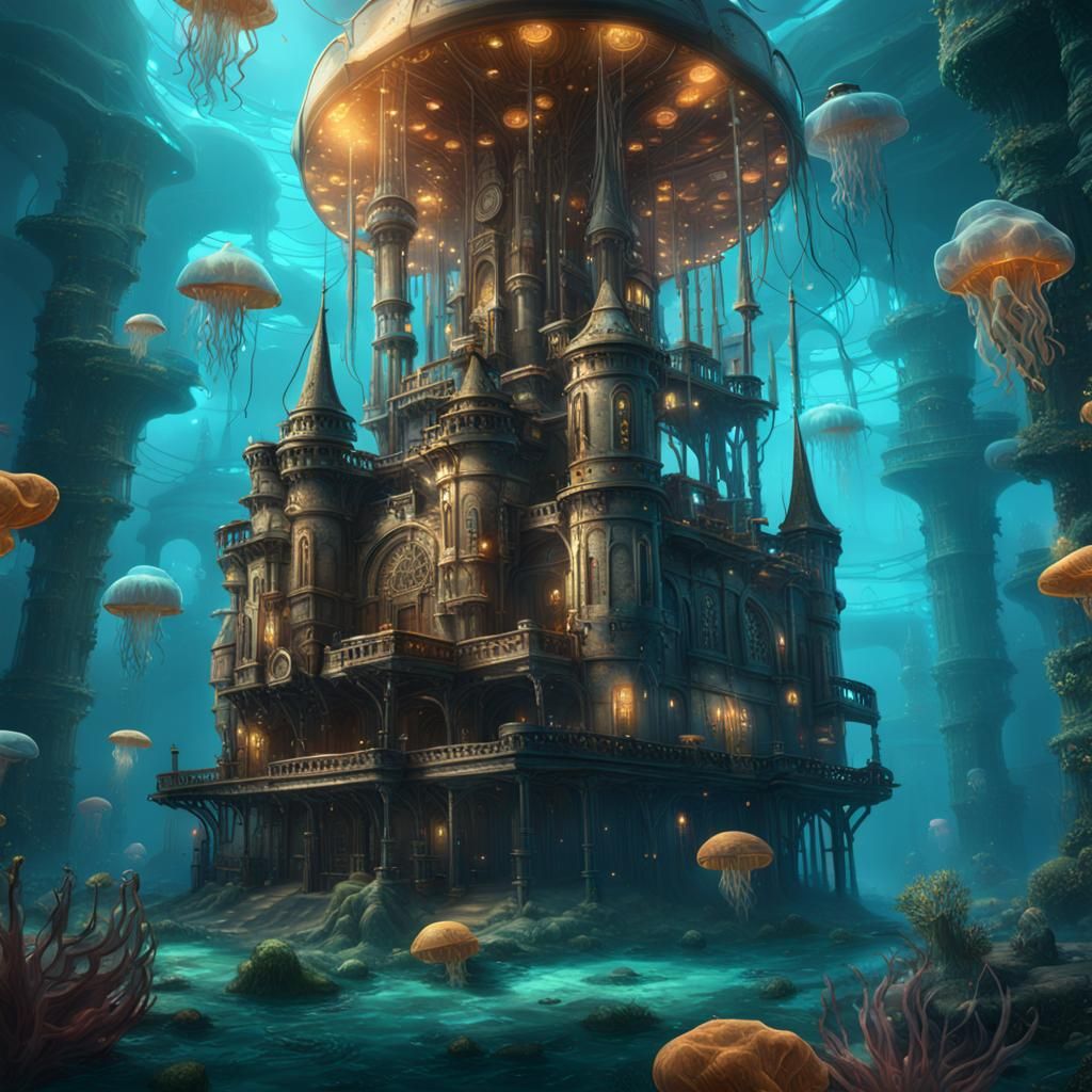 Underwater Steampunk Castle with Jellyfish: Detailed Digital...