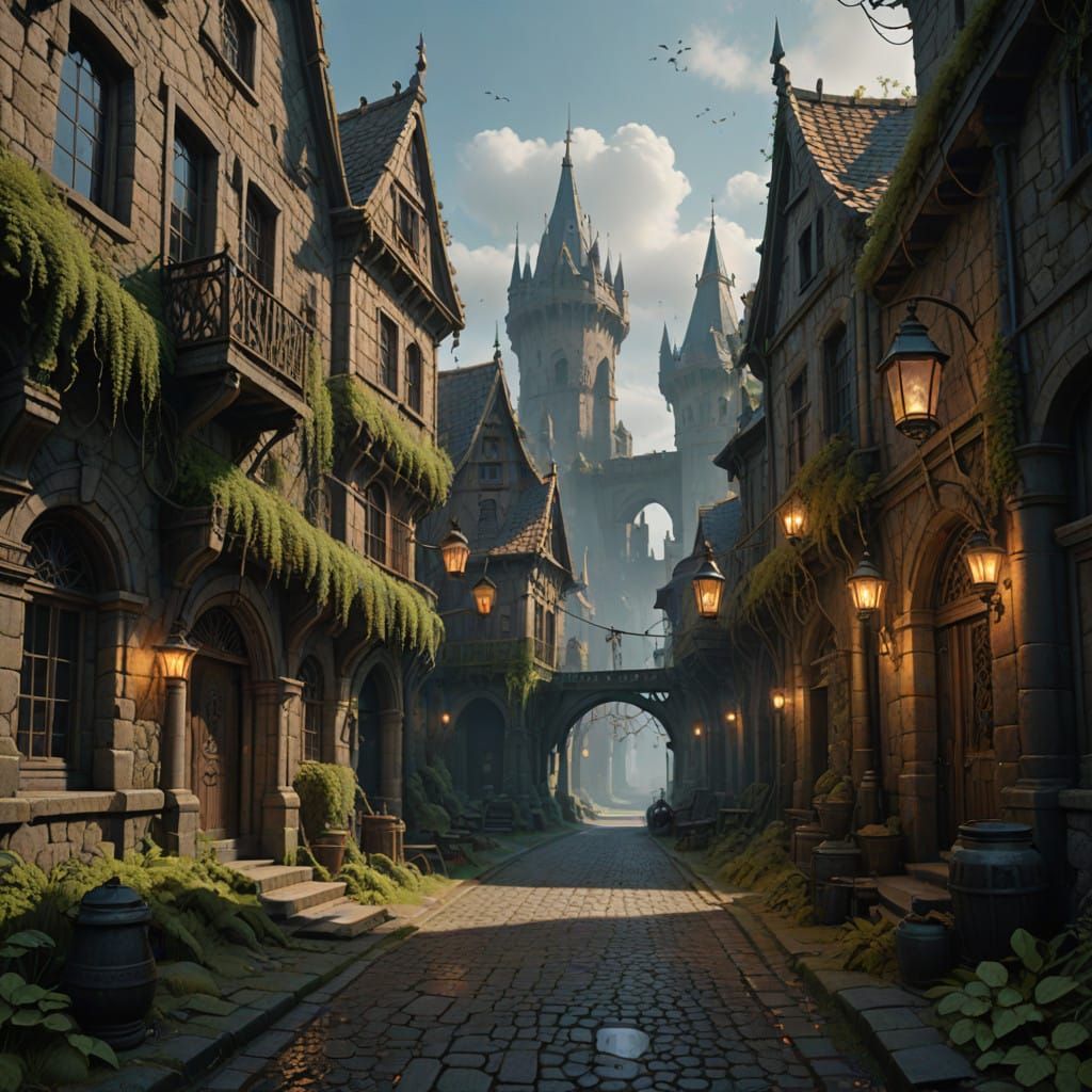 Medieval Street Scene in Fantastical Realism