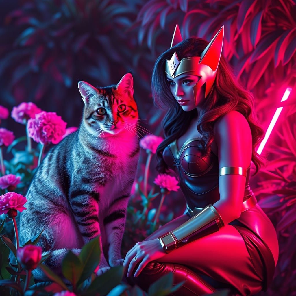 Cyberpunk Goddess in a Neon Garden Oasis