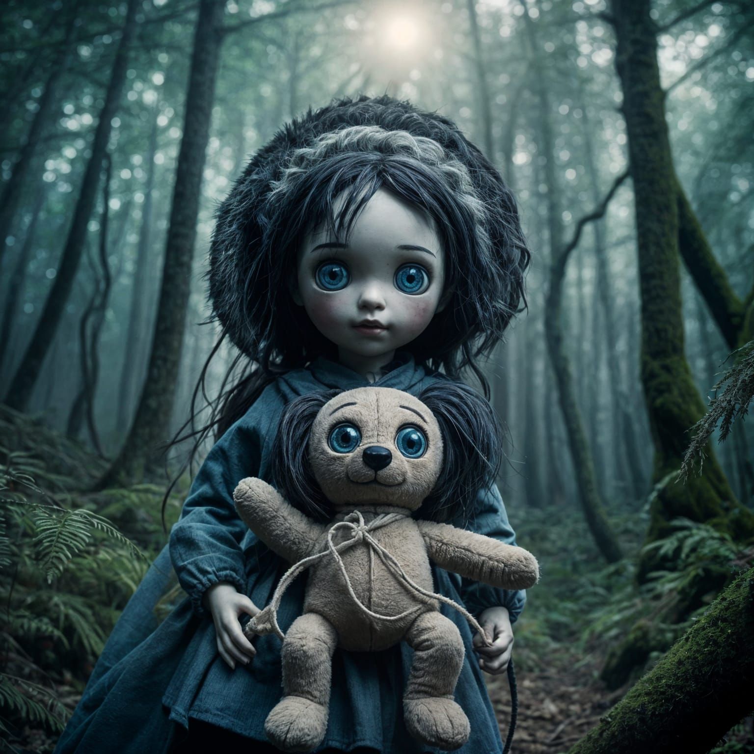 Sad Doll Lost in Dark Forest: Cinematic Film Still