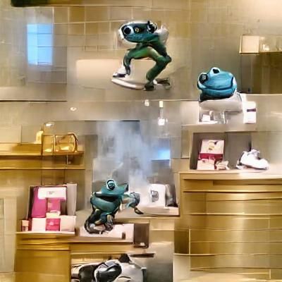 Cartoon Frog Rapping in Louis Vuitton Store