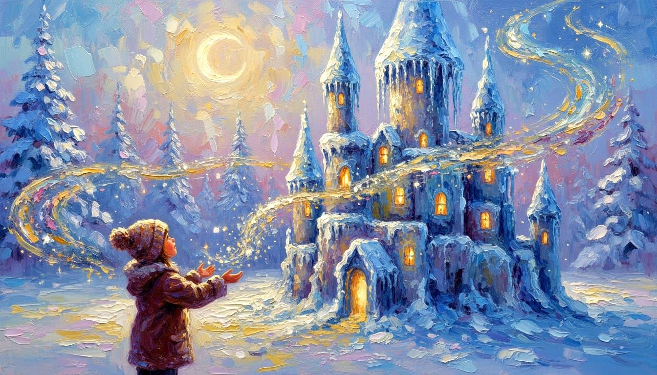 Child's Snow Castle Imagined in Textured Oil Painting