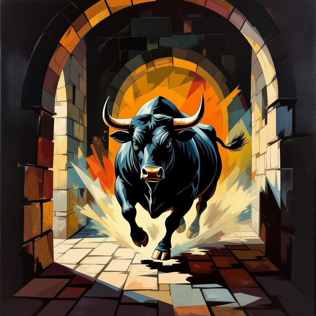Powerful Black Bull Charges Through Medieval Castle in Cubis...