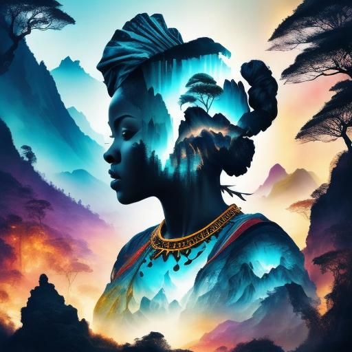 African Woman Portrait with Savanna Landscape in Mixed Media