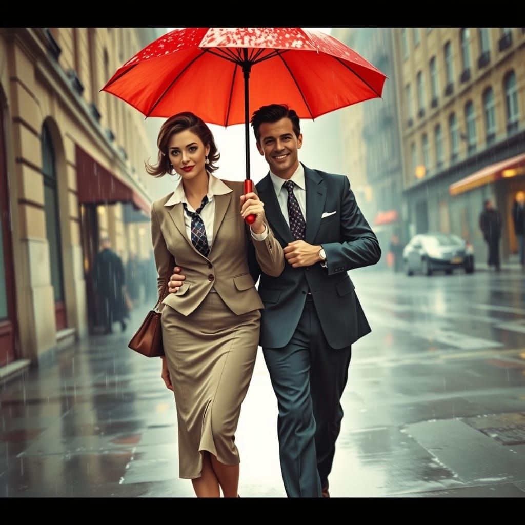 Elegant Couple Dances in the Rain Under a Vintage Red Umbrel...