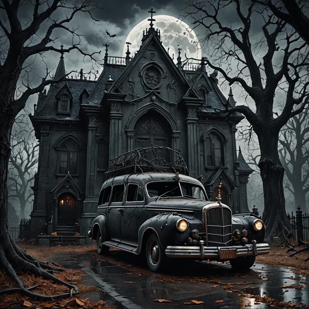Haunted Hearse in Gothic Halloween Scene