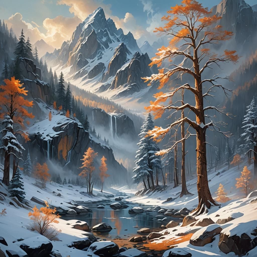 Majestic Mountain Landscape in Detailed Oil Painting Style