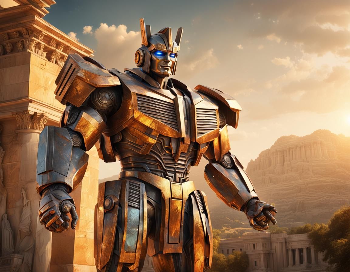 Transformer Fused with Greek Statue in Classical Landscape